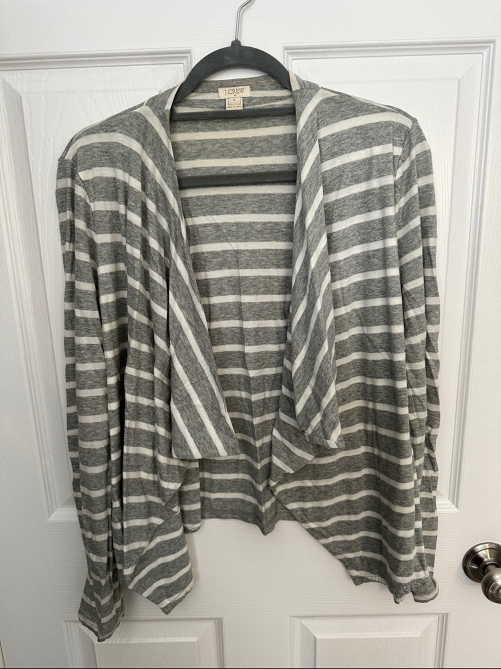 J. Crew Gray and White Striped Draped Open Cardigan